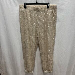 LOFT Sequin Jogger Pants Gold Glitter Elastic Waist Glam Tapered L Holiday Luxe